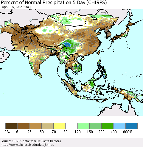 Asia Percent of Normal Precipitation 5-Day (CHIRPS) Thematic Map For 4/1/2022 - 4/5/2022