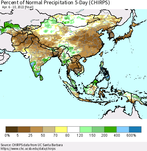 Asia Percent of Normal Precipitation 5-Day (CHIRPS) Thematic Map For 4/6/2022 - 4/10/2022