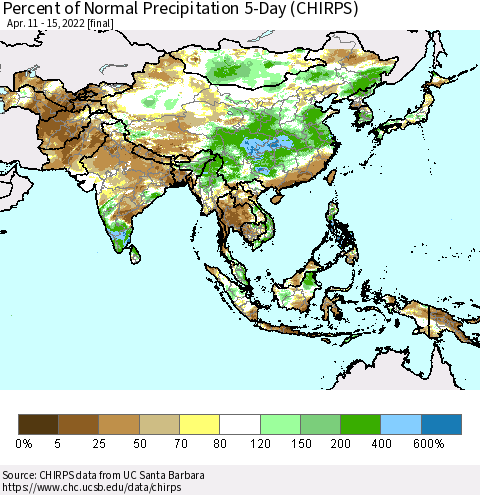 Asia Percent of Normal Precipitation 5-Day (CHIRPS) Thematic Map For 4/11/2022 - 4/15/2022