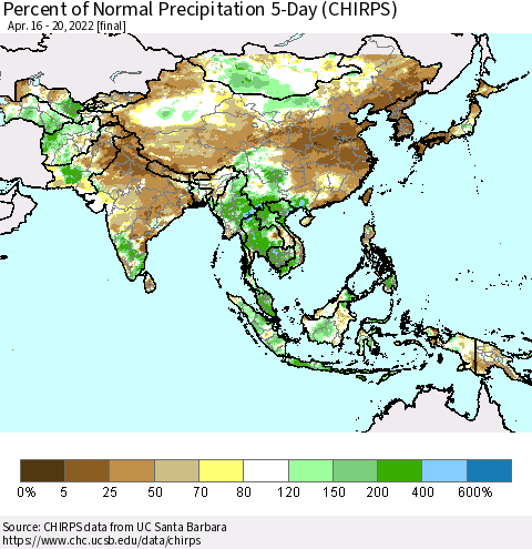 Asia Percent of Normal Precipitation 5-Day (CHIRPS) Thematic Map For 4/16/2022 - 4/20/2022