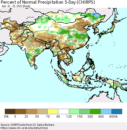 Asia Percent of Normal Precipitation 5-Day (CHIRPS) Thematic Map For 4/21/2022 - 4/25/2022