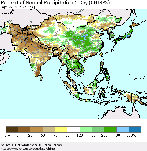 Asia Percent of Normal Precipitation 5-Day (CHIRPS) Thematic Map For 4/26/2022 - 4/30/2022