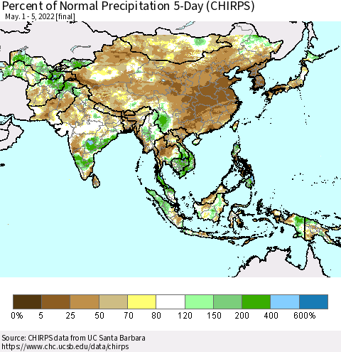 Asia Percent of Normal Precipitation 5-Day (CHIRPS) Thematic Map For 5/1/2022 - 5/5/2022