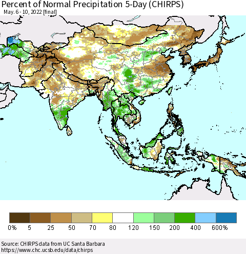 Asia Percent of Normal Precipitation 5-Day (CHIRPS) Thematic Map For 5/6/2022 - 5/10/2022