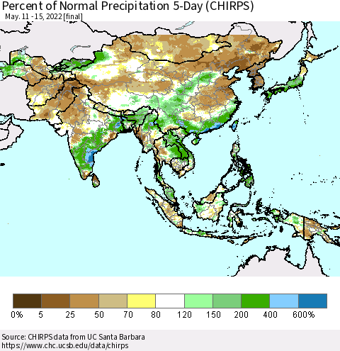 Asia Percent of Normal Precipitation 5-Day (CHIRPS) Thematic Map For 5/11/2022 - 5/15/2022