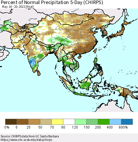 Asia Percent of Normal Precipitation 5-Day (CHIRPS) Thematic Map For 5/16/2022 - 5/20/2022