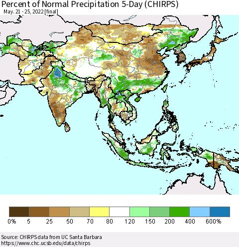 Asia Percent of Normal Precipitation 5-Day (CHIRPS) Thematic Map For 5/21/2022 - 5/25/2022