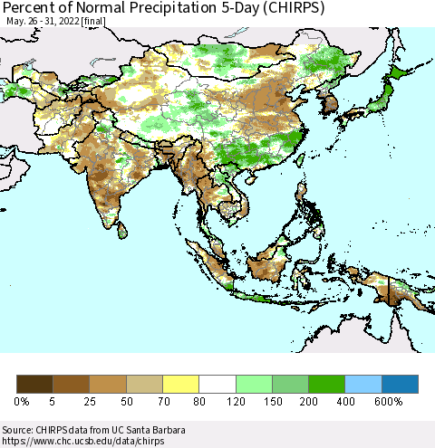 Asia Percent of Normal Precipitation 5-Day (CHIRPS) Thematic Map For 5/26/2022 - 5/31/2022