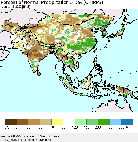 Asia Percent of Normal Precipitation 5-Day (CHIRPS) Thematic Map For 6/1/2022 - 6/5/2022