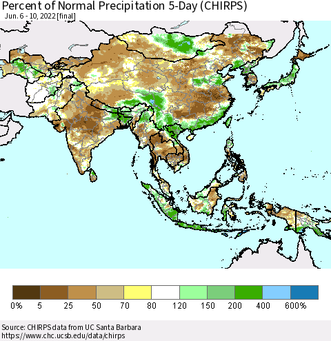 Asia Percent of Normal Precipitation 5-Day (CHIRPS) Thematic Map For 6/6/2022 - 6/10/2022