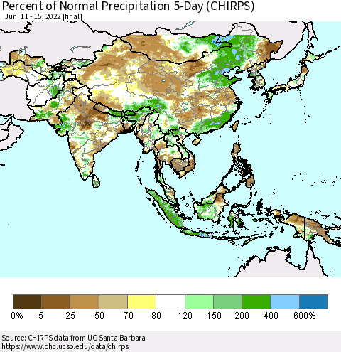 Asia Percent of Normal Precipitation 5-Day (CHIRPS) Thematic Map For 6/11/2022 - 6/15/2022