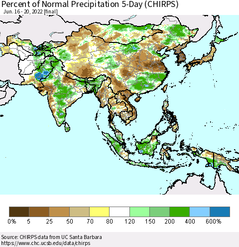 Asia Percent of Normal Precipitation 5-Day (CHIRPS) Thematic Map For 6/16/2022 - 6/20/2022
