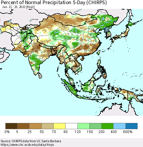 Asia Percent of Normal Precipitation 5-Day (CHIRPS) Thematic Map For 6/21/2022 - 6/25/2022