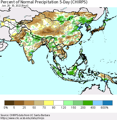 Asia Percent of Normal Precipitation 5-Day (CHIRPS) Thematic Map For 6/26/2022 - 6/30/2022