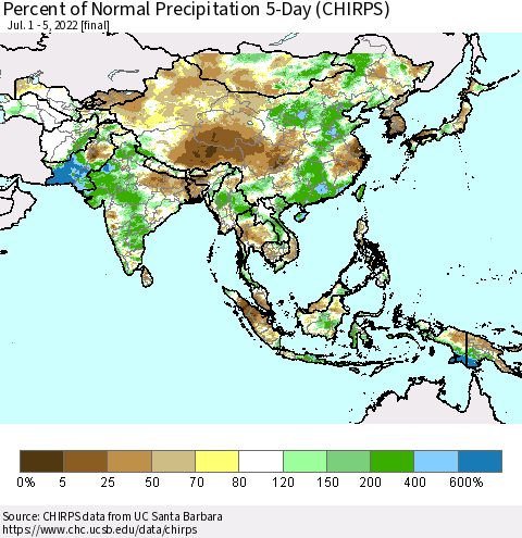 Asia Percent of Normal Precipitation 5-Day (CHIRPS) Thematic Map For 7/1/2022 - 7/5/2022