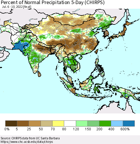 Asia Percent of Normal Precipitation 5-Day (CHIRPS) Thematic Map For 7/6/2022 - 7/10/2022