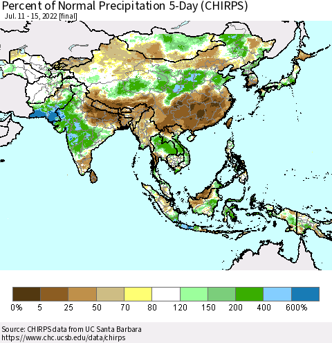 Asia Percent of Normal Precipitation 5-Day (CHIRPS) Thematic Map For 7/11/2022 - 7/15/2022