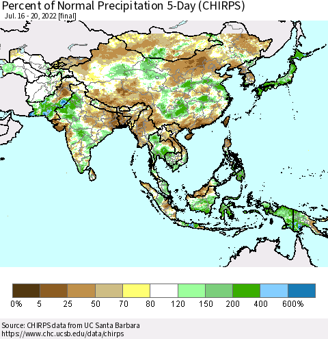 Asia Percent of Normal Precipitation 5-Day (CHIRPS) Thematic Map For 7/16/2022 - 7/20/2022