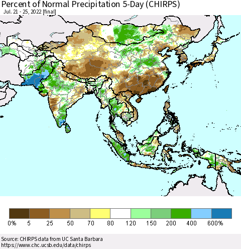 Asia Percent of Normal Precipitation 5-Day (CHIRPS) Thematic Map For 7/21/2022 - 7/25/2022