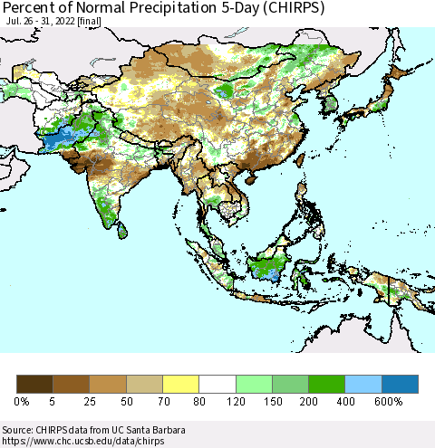 Asia Percent of Normal Precipitation 5-Day (CHIRPS) Thematic Map For 7/26/2022 - 7/31/2022