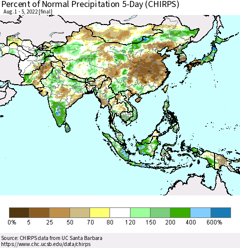 Asia Percent of Normal Precipitation 5-Day (CHIRPS) Thematic Map For 8/1/2022 - 8/5/2022