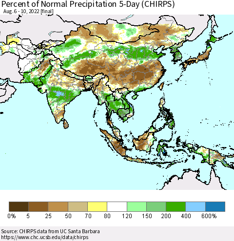 Asia Percent of Normal Precipitation 5-Day (CHIRPS) Thematic Map For 8/6/2022 - 8/10/2022