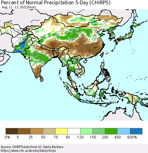 Asia Percent of Normal Precipitation 5-Day (CHIRPS) Thematic Map For 8/11/2022 - 8/15/2022