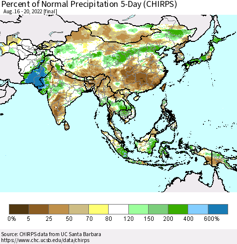 Asia Percent of Normal Precipitation 5-Day (CHIRPS) Thematic Map For 8/16/2022 - 8/20/2022