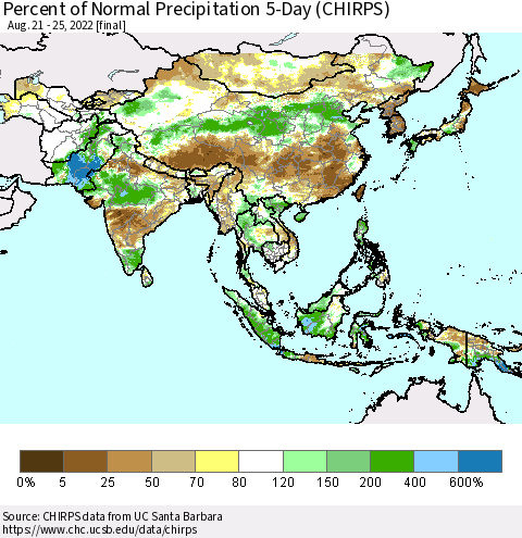 Asia Percent of Normal Precipitation 5-Day (CHIRPS) Thematic Map For 8/21/2022 - 8/25/2022