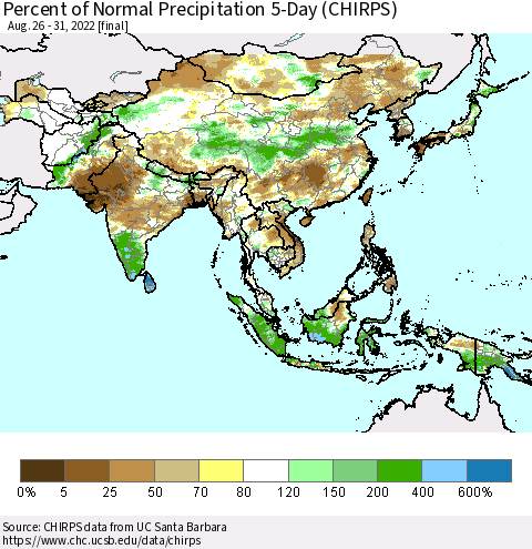 Asia Percent of Normal Precipitation 5-Day (CHIRPS) Thematic Map For 8/26/2022 - 8/31/2022