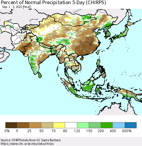 Asia Percent of Normal Precipitation 5-Day (CHIRPS) Thematic Map For 9/1/2022 - 9/5/2022