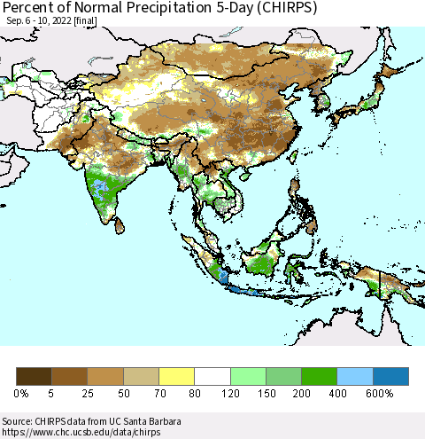 Asia Percent of Normal Precipitation 5-Day (CHIRPS) Thematic Map For 9/6/2022 - 9/10/2022