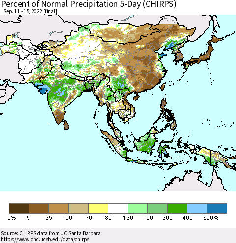 Asia Percent of Normal Precipitation 5-Day (CHIRPS) Thematic Map For 9/11/2022 - 9/15/2022