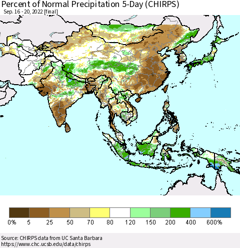 Asia Percent of Normal Precipitation 5-Day (CHIRPS) Thematic Map For 9/16/2022 - 9/20/2022