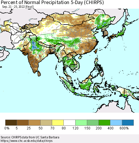 Asia Percent of Normal Precipitation 5-Day (CHIRPS) Thematic Map For 9/21/2022 - 9/25/2022