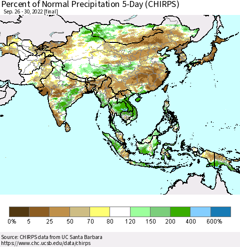Asia Percent of Normal Precipitation 5-Day (CHIRPS) Thematic Map For 9/26/2022 - 9/30/2022