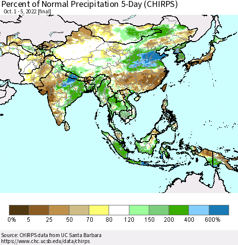 Asia Percent of Normal Precipitation 5-Day (CHIRPS) Thematic Map For 10/1/2022 - 10/5/2022