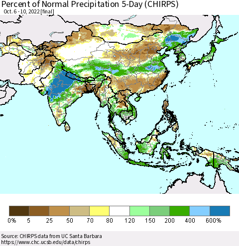 Asia Percent of Normal Precipitation 5-Day (CHIRPS) Thematic Map For 10/6/2022 - 10/10/2022