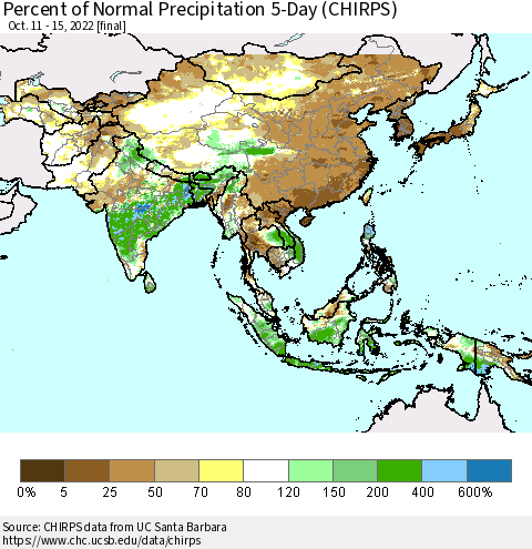 Asia Percent of Normal Precipitation 5-Day (CHIRPS) Thematic Map For 10/11/2022 - 10/15/2022
