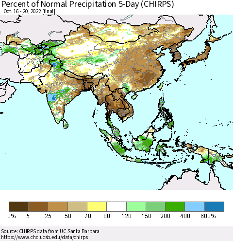 Asia Percent of Normal Precipitation 5-Day (CHIRPS) Thematic Map For 10/16/2022 - 10/20/2022