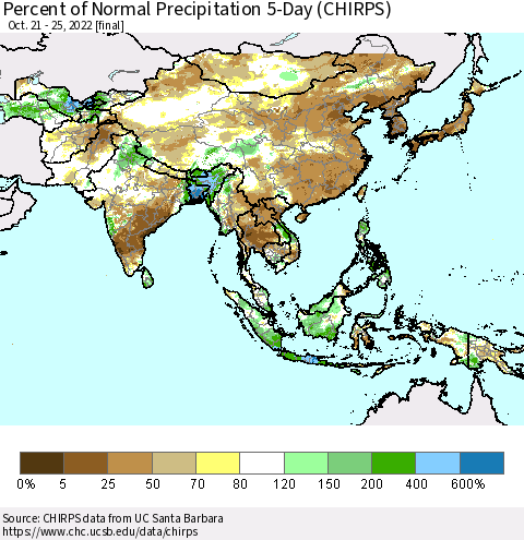 Asia Percent of Normal Precipitation 5-Day (CHIRPS) Thematic Map For 10/21/2022 - 10/25/2022