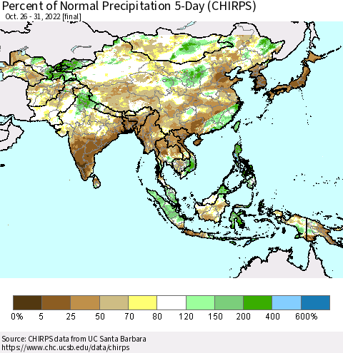 Asia Percent of Normal Precipitation 5-Day (CHIRPS) Thematic Map For 10/26/2022 - 10/31/2022