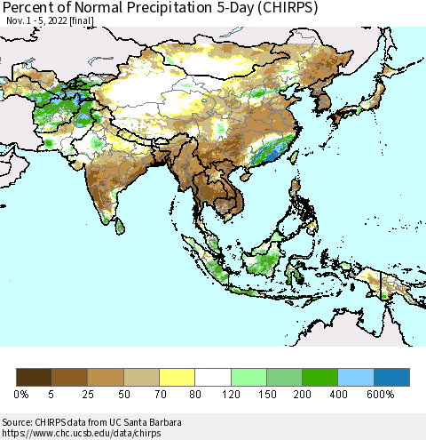 Asia Percent of Normal Precipitation 5-Day (CHIRPS) Thematic Map For 11/1/2022 - 11/5/2022