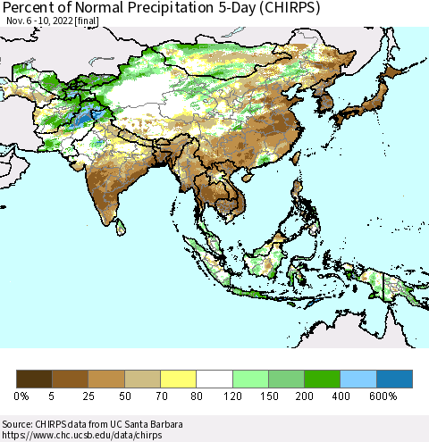 Asia Percent of Normal Precipitation 5-Day (CHIRPS) Thematic Map For 11/6/2022 - 11/10/2022