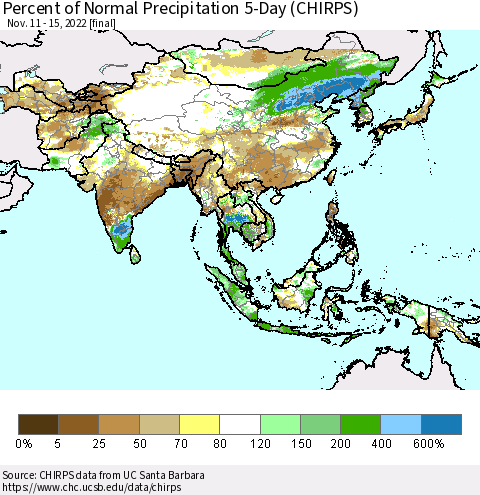 Asia Percent of Normal Precipitation 5-Day (CHIRPS) Thematic Map For 11/11/2022 - 11/15/2022
