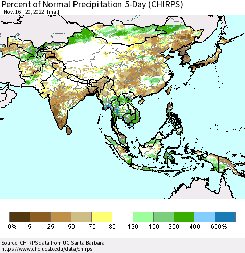 Asia Percent of Normal Precipitation 5-Day (CHIRPS) Thematic Map For 11/16/2022 - 11/20/2022