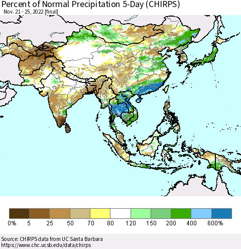Asia Percent of Normal Precipitation 5-Day (CHIRPS) Thematic Map For 11/21/2022 - 11/25/2022