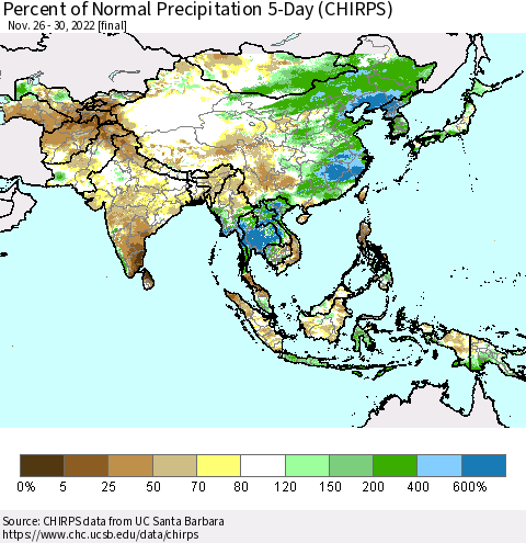 Asia Percent of Normal Precipitation 5-Day (CHIRPS) Thematic Map For 11/26/2022 - 11/30/2022