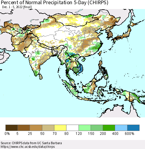 Asia Percent of Normal Precipitation 5-Day (CHIRPS) Thematic Map For 12/1/2022 - 12/5/2022