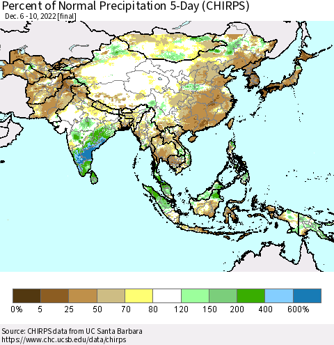 Asia Percent of Normal Precipitation 5-Day (CHIRPS) Thematic Map For 12/6/2022 - 12/10/2022